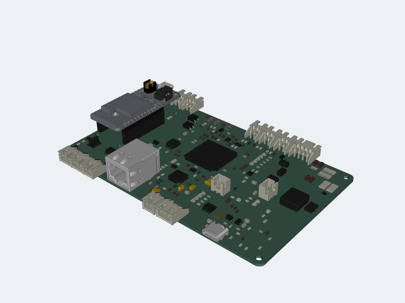 CAD presentation render of the populated QD Brain Rev B controller board from the USB-C end