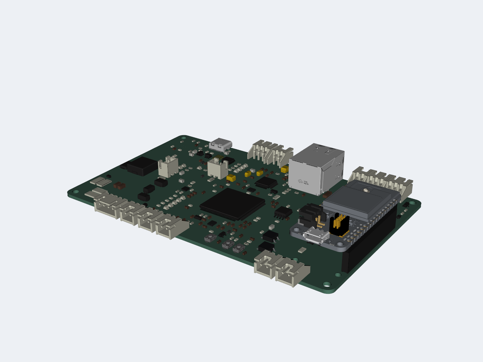CAD presentation render of the populated QD Brain Rev B controller board from the opposite corner