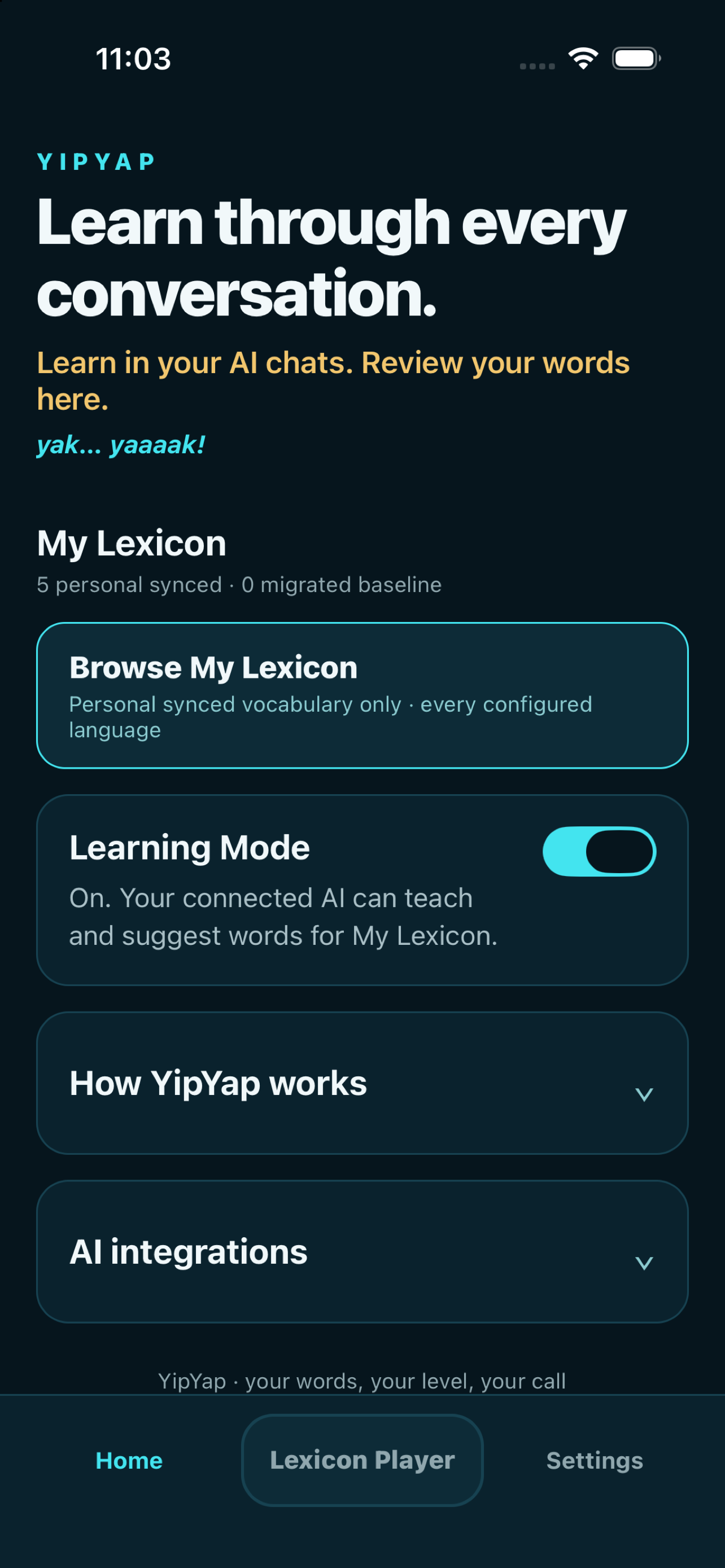 YipYap iPhone Home screen with Learning Mode and My Lexicon cards