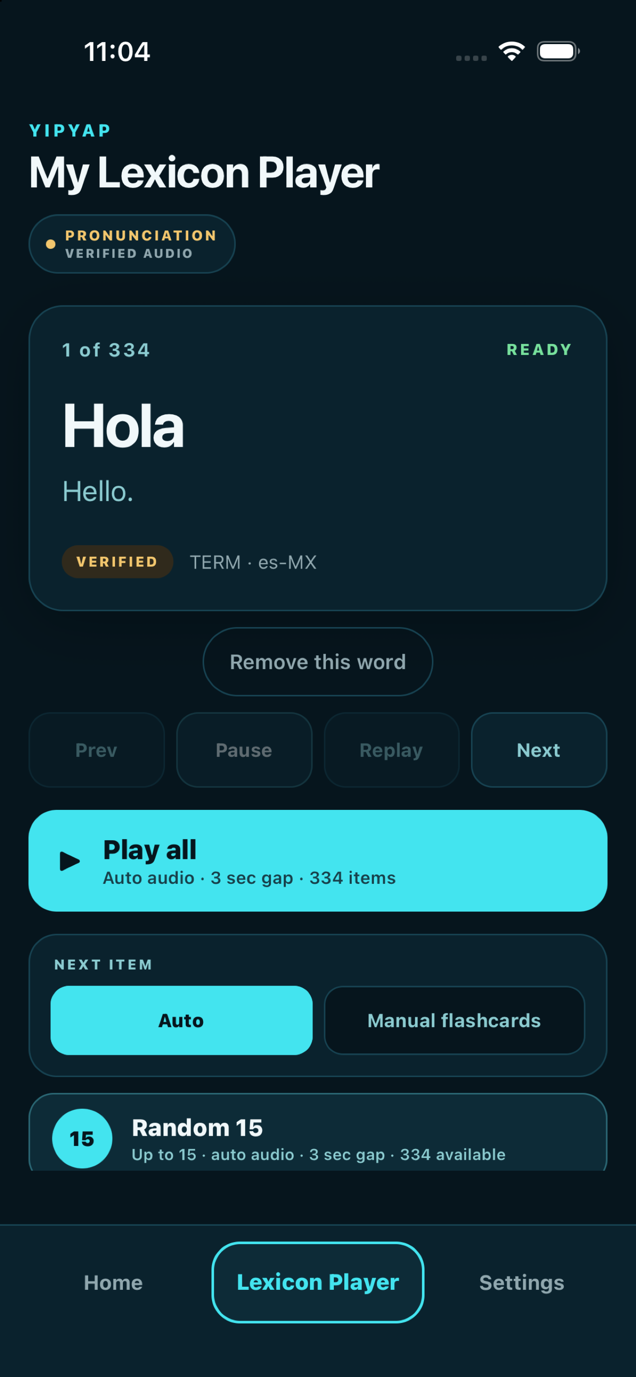 YipYap iPhone Lexicon Player displaying a vocabulary card with audio controls