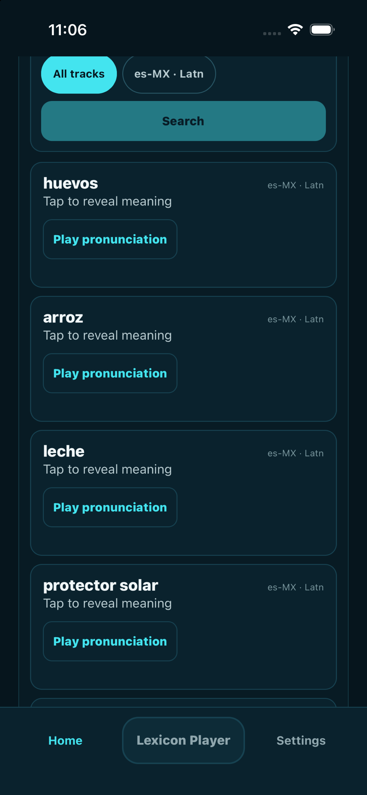 YipYap iPhone My Lexicon screen showing a list of saved words